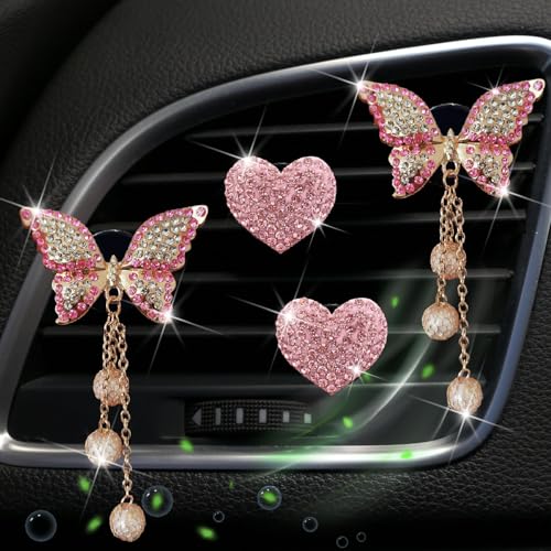 Pink Heart & Butterfly Air Vent Clips, 4 Pcs Bling Heart & Butterfly Air Fresheners Vents Clips Diamond Car Interior Decor Bling Cute Pink Car Accessories Decoration for Women + Heart Mask Hook - Thumbnail 5