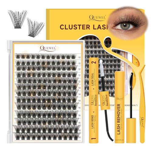 QUEWEL Lash Clusters Kit, 156 PCS Eyelash Clusters Kit D Curl Cluster Lahses Kit Include Mix10-18mm Lash Clusters Lash Bond and Seal Lash Tweezers Lash Cluster Glue Remover(QUBM-MIX10-18)