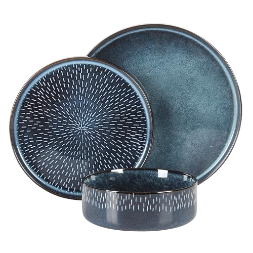 Image of Gibson Elite 12 Piece Matisse Moderna Stoneware Reactive Glaze Plates and Bowls Dishes Dinnerware Set - Cobalt Blue