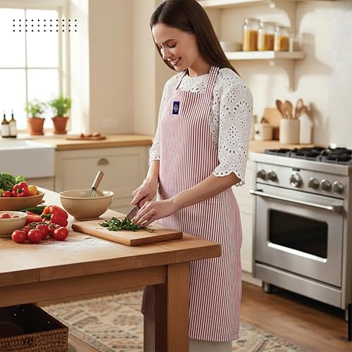 Image of Encasa XO 100% Cotton Apron Set for Women & Men with Adjustable Apron, Oven Gloves & Pot Holder (Pack of 3) Combo, Heat-Resistant, Soft & Durable for Cooking, Baking & Grilling (Ticking Red)
