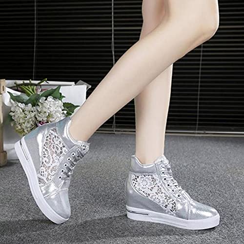 Womenyiaor Platform Hidden Heel Sneaker for Women, Women's Platform Wedge Sneakers Dressy Lace Up Shoes High Heeld High Top Sneakers Fashion Hidden Wedge Tennis Shoes Casual Canvas Shoes3