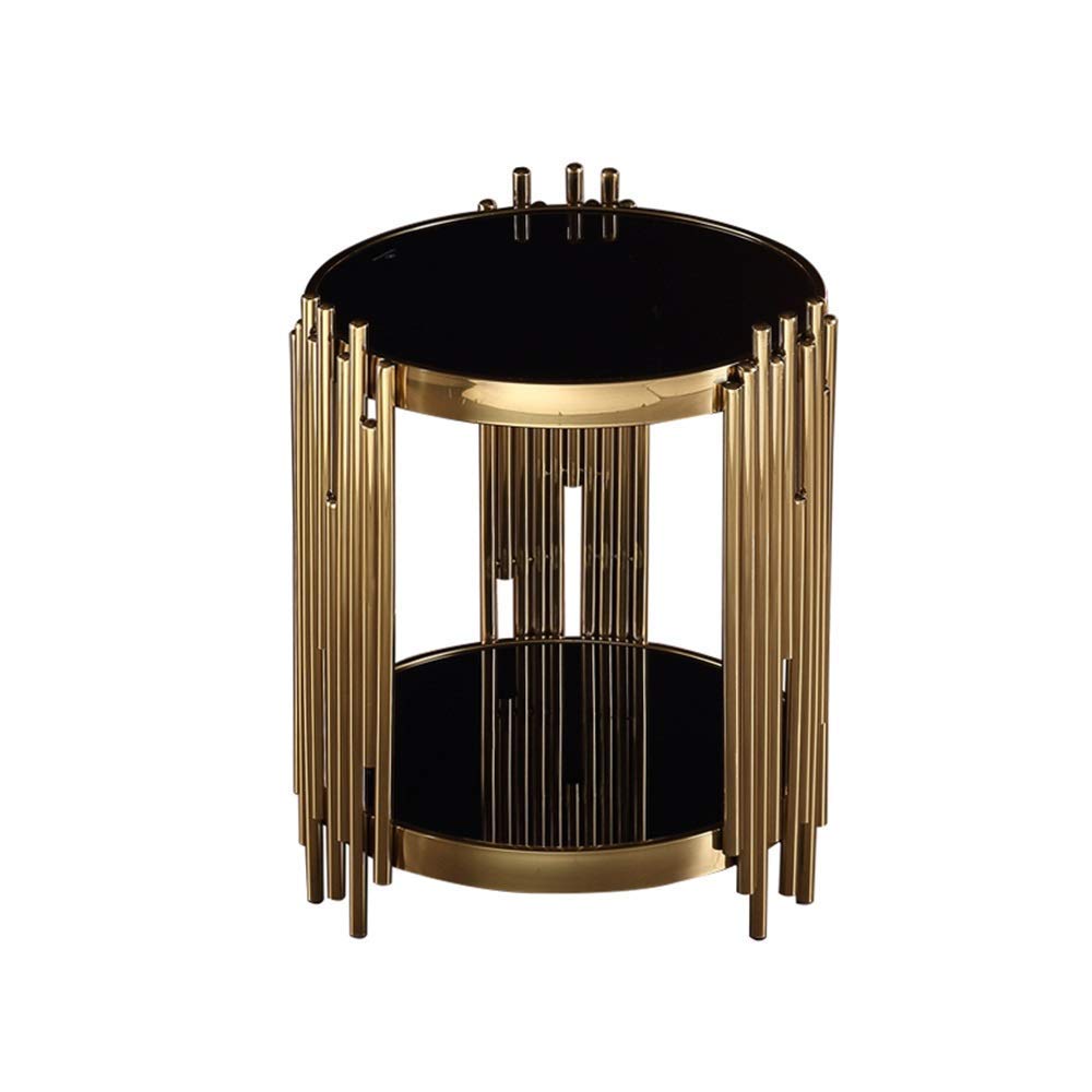 HANFCB Round Coffee Table Side Table Nordic Black Enhanced Glass Round Coffee Table Living Room Bedroom Gold Color Stainless Steel Snack Table Two Layer Night Stand, 50x55cm