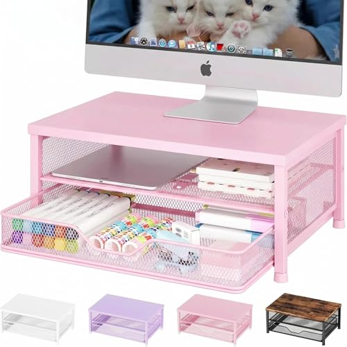 OPNICE Computer Monitor Stand Riser Desk Organizer with Drawer Printer & Laptop Stand Office Desk Accessories & Workspace Desktop Organizers Storage for Office Supplies(Pink)