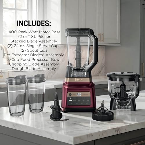 Image of Ninja Professional Plus Kitchen System Premier | 3-in-1 System I Food Processor, Blender, Mixer, Vegetable Chopper | Auto IQ Tech I 1400W | 72oz Pitcher, 64oz Bowl, 2 To-Go Cups | Red | BN801RD1BRN