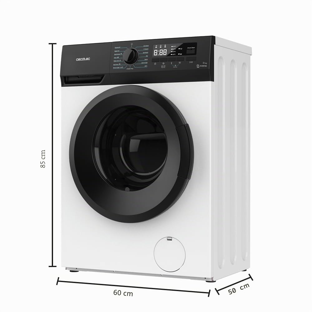 Cecotec Lavadora 8Kg de Carga Frontal Bolero DressCode 8300 Inverter A. 1950W, Revoluciones Programables hasta 1400 rpm, 15 Programas, Bajo Consumo, Motor Inverter Plus, Vapor SteamMax
