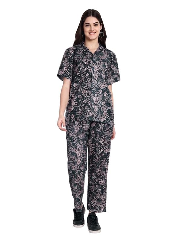 Women Leaf Printed Cotton Black Co-Ord Set | Top with Pant | Casual & Office Wear Two Piece Outfit-image-22