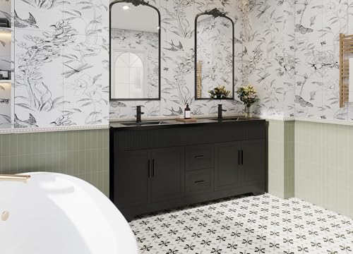 Image of eclife 72 inch Bathroom Vanities Sink Combo with Painted Surface, Modern Drawered Cabinet W /Decorative Wave Lines, Undermount Double Black Sink, Matte Black Faucet Drain, Black