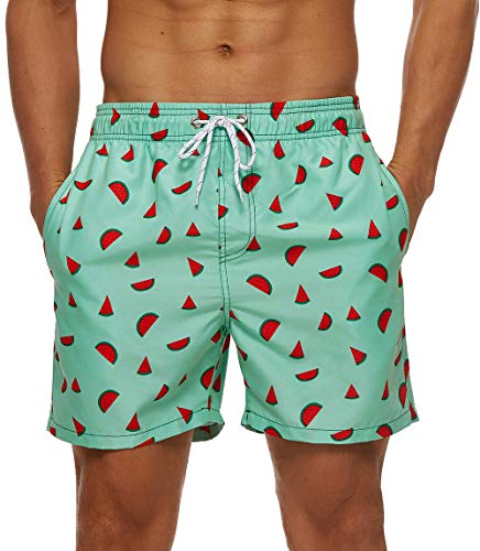 Calção de banho masculino Silkworld de secagem rápida com forro de malha e bolsos, Green Watermelon,