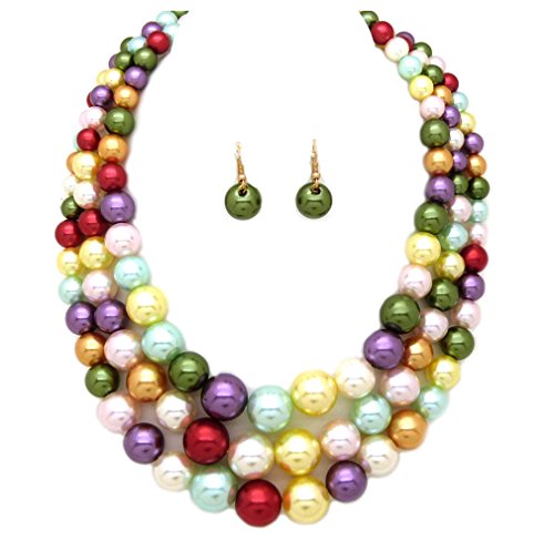 Women's Simulated Faux Three Multi-Strand Pearl Statement Necklace and Earrings Set (Bright Mix)