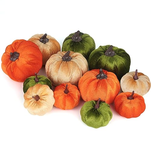 Image of Artmag 12Pcs Fall Artificial Velvet Pumpkins Assorted Sizes Orange Green Khaki Fake Farmhouse Harvest Pumpkins for Fall Thanksgiving Party Home Decoration