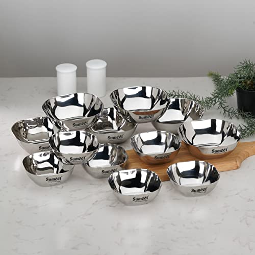Image of Sumeet Heavy Gauge Stainless Steel Apple Square Bowl /Wati /Katori with Mirror Finish, Combo set of 12pc, 8cm & 9.5cm Dia, 180ML & 200ML (Each 6Pc) - Silver