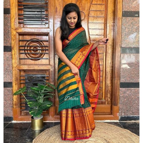 Image of Narayanpet Pure Cotton Avani Border Saree for Women with Running Blouse | Tassels | Traditional Woven Solid Design | Handloom Weave