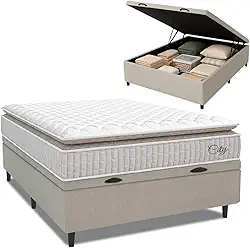 Cama Box Baú Colchão Casal Molas Ensacadas City Pillow Top 138x188x64cm Branco/Bege Hellen - Suporta até 110kg por Pessoa