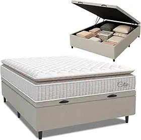 Cama Box Baú Colchão Casal Molas Ensacadas City Pillow Top 138x188x64cm Branco/Bege Hellen - Suporta até 110kg por Pessoa