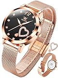 OLEVS Black Watches for Women Rose Gold Black Face Ladies Watches for Small Wrists Easy to Read Thin Ladies Watch for Women with Mesh Band Elegant Waterproof Women's Diamond Analog Quartz Reloj para Mujer