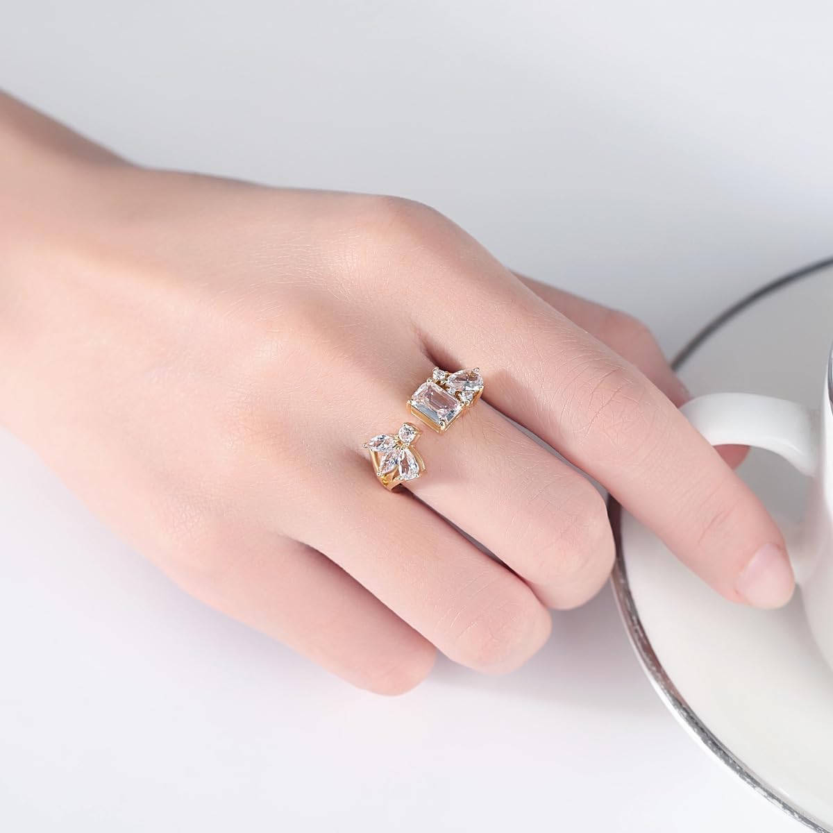Adjustable Eternity Ring, 14K Gold Emerald and Pear Moissanite Open Wedding Rings for Women