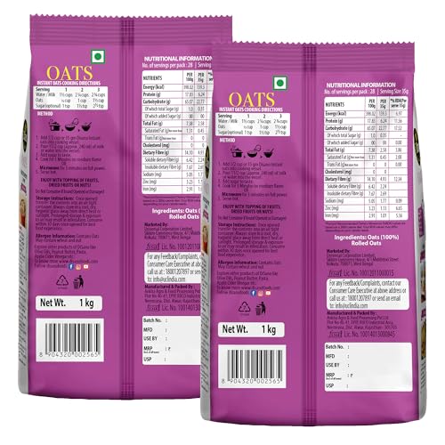 Image of DiSano Oats 1kg (Pack of 2), Instant Rolled Oats, Wholegrain, High Fibre, Source of Protein
