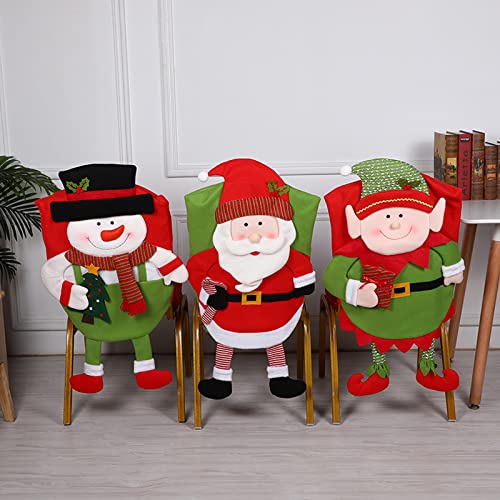 ACJRYO Christmas Chair Covers Set of 3, Chairs Back Cover - Santa Claus, Snowman, Elf - Slipcovers for Christmas Decorations Dinner Table Home Holiday Party Decorations
