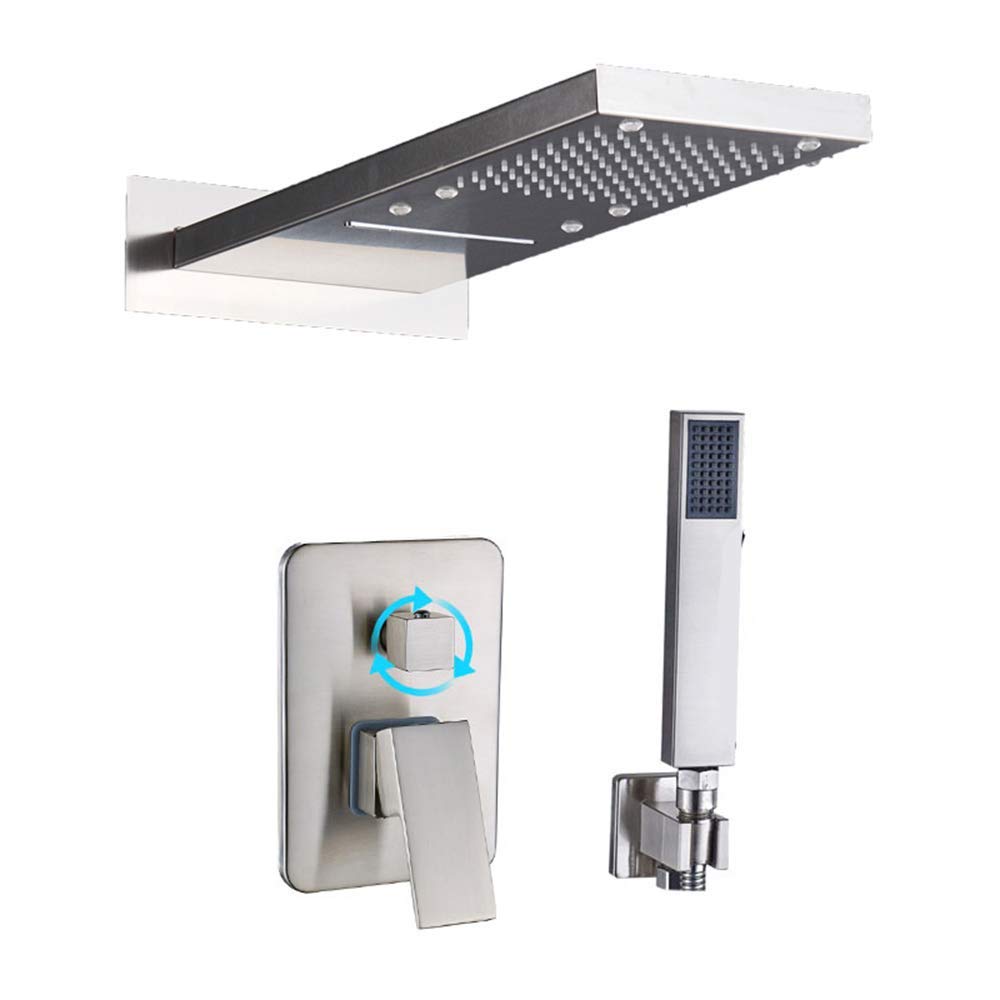 Sjdopulse Brushed Nickel Rain Led Rain Mixer Shower Combo Set Wall Mounted Bathroom Shower Faucet Set With Waterfall Shower Head, Handheld Shower,,