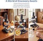 Kit Microscope pour enfants avec LED lampe - 100X/400X/1200X Agrandissement pour STEM Apprendre, 12 Diapositives préparées, trousse d'apprentissage facile à utiliser en sciences (âges 5 à 12) - noir