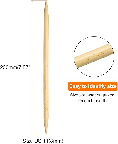 Miniatura 2 de HARFINGTON 8 agujas de tejer de bambú de doble punta tamaño US 11 (0.315 in) 7.9 pulgadas (7.9 in) rectas para proyectos de hilo de tejer artesanías
