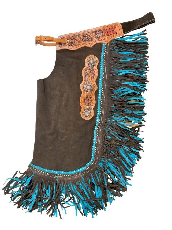Showman Brown Suede Leather Chinks w/Mixed Blue Fringe (Medium)