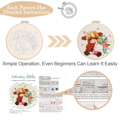Image of Nuberlic Highland Cow Embroidery Kit 3 Pack Embroidery Kits for Adults Beginners Starter Cross Stitch Kit Set with Floral Designs - Perfect DIY Gift