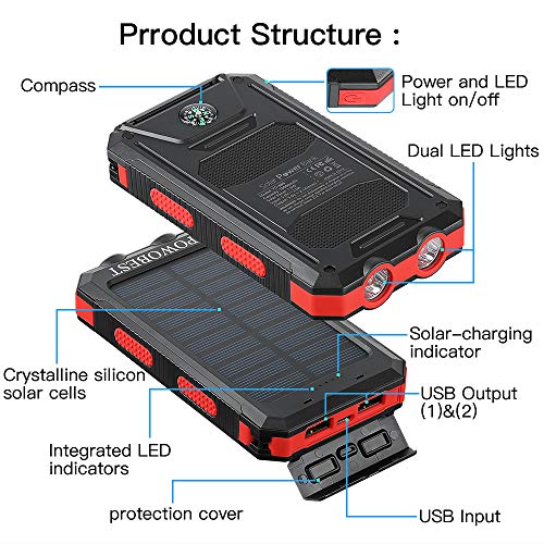 10000mAh Solar Power Bank, POWOBEST Portable Solar Panels with Flashlight & Compass Waterproof Solar Power Bank, Solar Phone Charger-