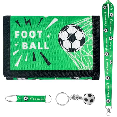 Rwbimti Portafoglio Ragazzo Calcio con Moschettone, Portafoglio Pieghevole Multifunzione, 2 Cordini e Portachiavi,...