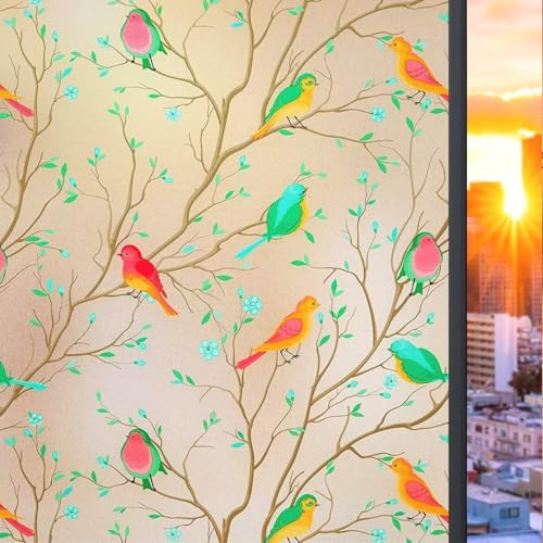Image of WOO Home Frosted Glass Window Film & Stickers (24 X 60 INCH) Privacy Window Cover for Home & Office - Easy Apply, UV Protection, Removable Decorative Film (Multi Colour Bird Film | 2 X 5 SQFT)