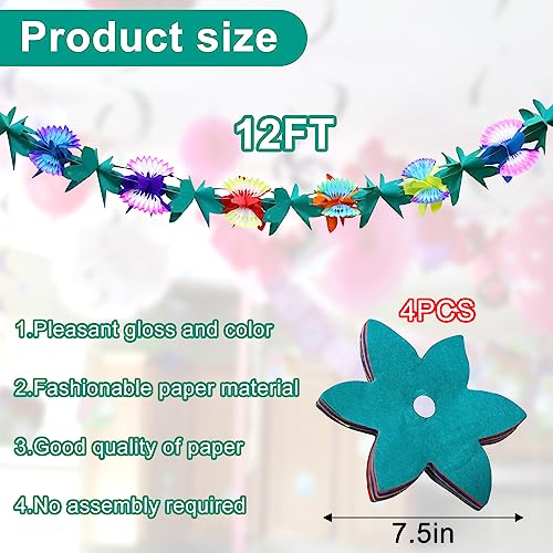 Image of BUSOHA 4 Packs Tissue Flower Garland - 12 Feet Long Tropical Multicolored Paper Flower Garland Banner for Hawaiian Luau Party Tiki Bar Tropical Birthday Baby Shower Wedding Party Decorations Supplies