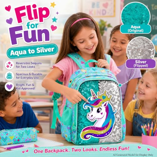 Image of 3Pcs Unicorn Backpack for Girls, 16 inch Sequin Bookbag Set for Kids, Elementary Preschool Preschool School Backpacks with Lunch Box (Green)