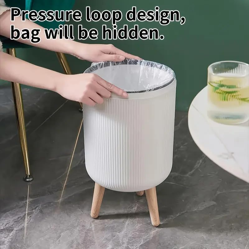 Image of ZENOVIA Modern Floor-Standing Dustbin with Legs | Push-Button Lid | White Ribbed Plastic Waste Bin for Bedroom, Living Room & Kitchen | Large Capacity Decorative Trash Can | Push-Button Lid, Ribbed Plastic, Odour-Free, Decorative Design