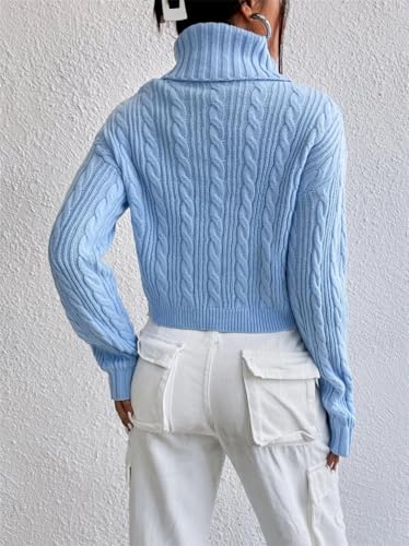 Image of Women's Fall Winter Long Sleeve Turtleneck Cropped Sweater Ribbed Cable Knit Pullover Jumper Solid Sweater Crop Tops