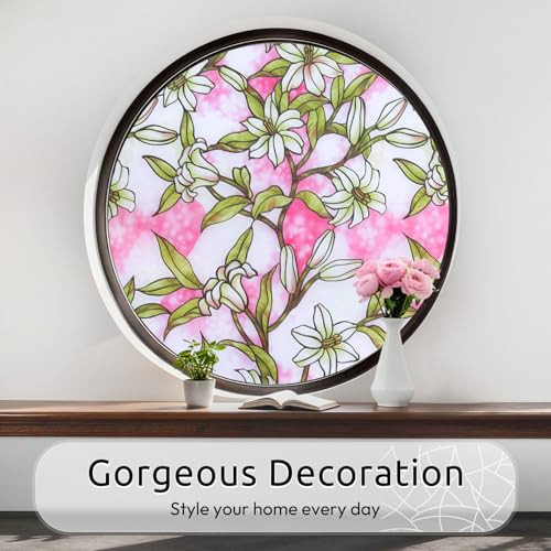 Image of rabbitgoo Stained Glass Window Privacy Film, Pink Lily, 17.5 inch X 78.7 inch | Anti UV Heat Blocking Frosted Glass Static Cling Removable, for Bathroom, Bedroom, Living Room
