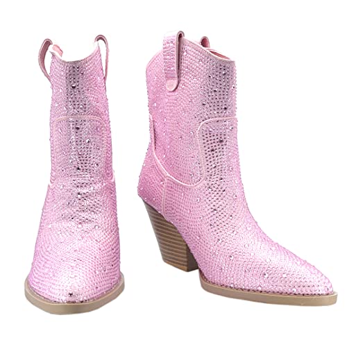Image of ABSOLEX Women Western Cowgirl Cowboy Pointed Toe Rhinestone Ankle Booties | Casual Boots