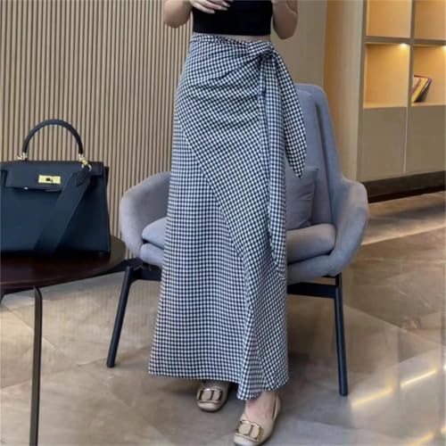 Women's Long Casual High Waist Wrap Tie Front Stripe Plaid Midi Skirt2