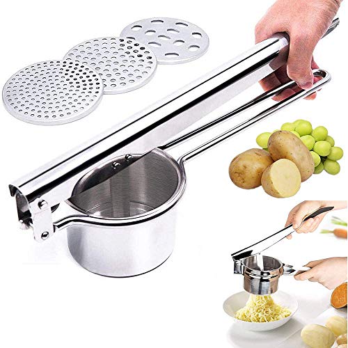 Food Grade Stainless Steel Potato Masher Fruit and Vegetable Masher Manual Masher Baby Food Masher With 3 Interchangeable Discs Easy to Clean Large Capacity 420ml Silver