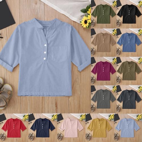 Girls Cotton Linen Shirt Short Sleeve Dressy Casual 𝗛enley V Neck Tunic Blouse Button Down Shirt Uniform Preppy Tops4