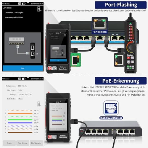Henkion Multifunktions RJ45 Netzwerkkabeltester UTP-Kabeltester,Ethernet-Kabelverfolger, 4-Zoll-IPS-Touchscreen, unterstützt Netzwerktools, OPM, POE++-Erkennung, RJ45 TDR, Kabellänge,NCV(LT-600S)