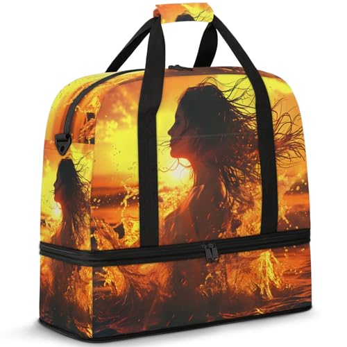 Large Weekender Overnight Bags Woman Ocean Sunset Travel Duffel Bag for Women Men Gym Bag With Shoe Compartment Foldie Travel Tote Bag Carry On Personal Item Bag for Travel Gym Sports