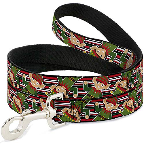 Dog Leash Christmas Elves Stripes Black Red White Green 4 Feet Long 1.0 Inch Wide
