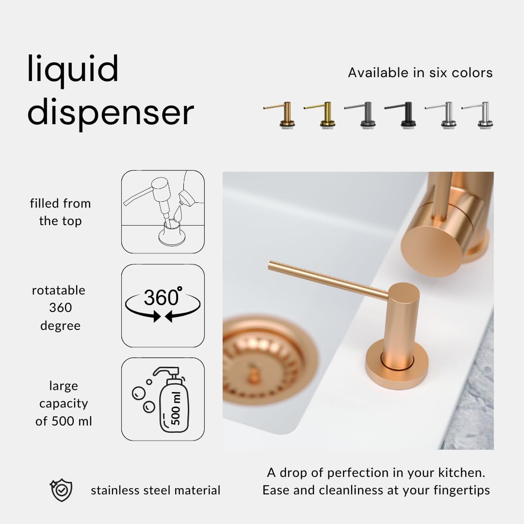 QUADRON Distributore di sapone JUDY SteelQ da incasso, dispenser di detersivo per piatti da cucina, rame, dispenser di sapone per lavello con flacone da 500ML