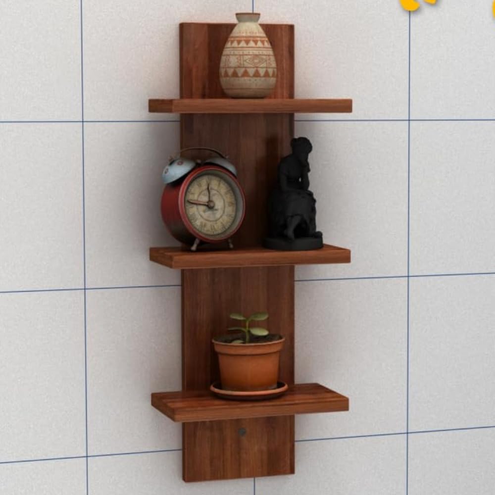 flux Wooden Wall Shelves for Living Room Home Decor Items Floating Book Rack for Study Room, Office, Kitchen Mounted Shelves Vertical Design for Living Room (Three Tier Shelf Small with Hook, Brown)