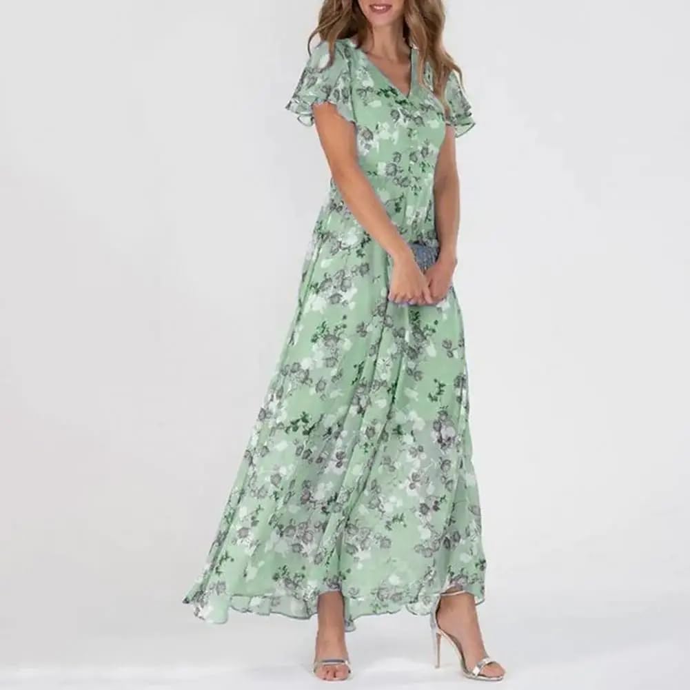 JYHBHMZG V-Neck Ruffle Short Sleeve Maxi Dress Waist Tight High-Waist Flowy Hem Sweet Floral Print Chiffon Dress Female