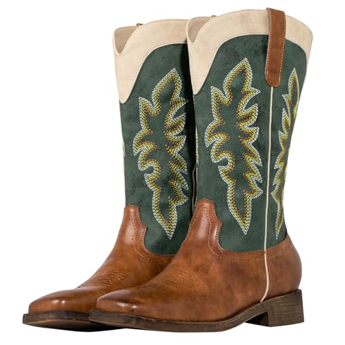 SheSole Cowboy Boots For Women Square Toe Wide Calf Cowgirl Boots Ladies Western Boots Red Green Brown