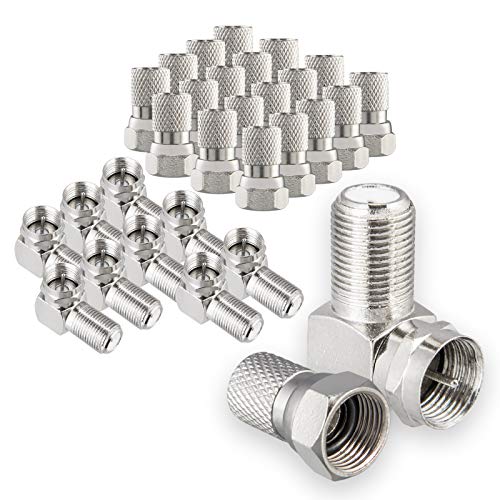 HB-DIGITAL Kit d'adaptateurs coudés pour installations satellite : 20 fiches F (nickelées) + 10 adaptateurs coudés F [fiche F (SAT, mâle) vers fiche F femelle (SAT, femelle)] Connecteur d'angle droit