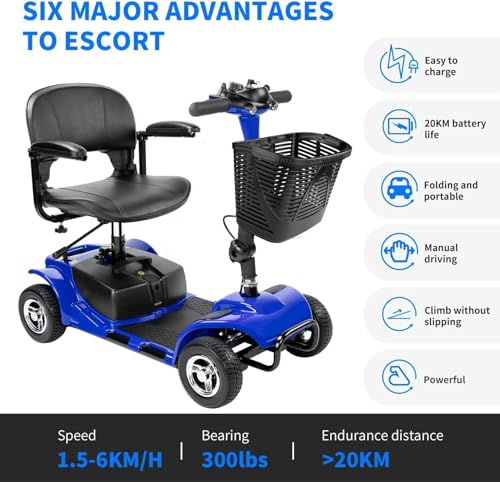 Image of 4 Wheel Mobility Scooters for Adults，Collapsible Compact Electric Scooter，Heavy Duty Powered Mobile Wheelchair Device with Lights，Basket and Long-Lasting Battery（Blue）