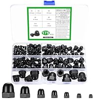 175 Stück Hutmuttern hohe Form Set, Sechskant Hutmuttern Set, Kohlenstoffstahl Schwarze Sechskantmuttern, Kappenmuttern für Schrauben Gewindestangen Gewindebolzen,M3 M4 M5 M6 M8 M10 M12 Muttern Set