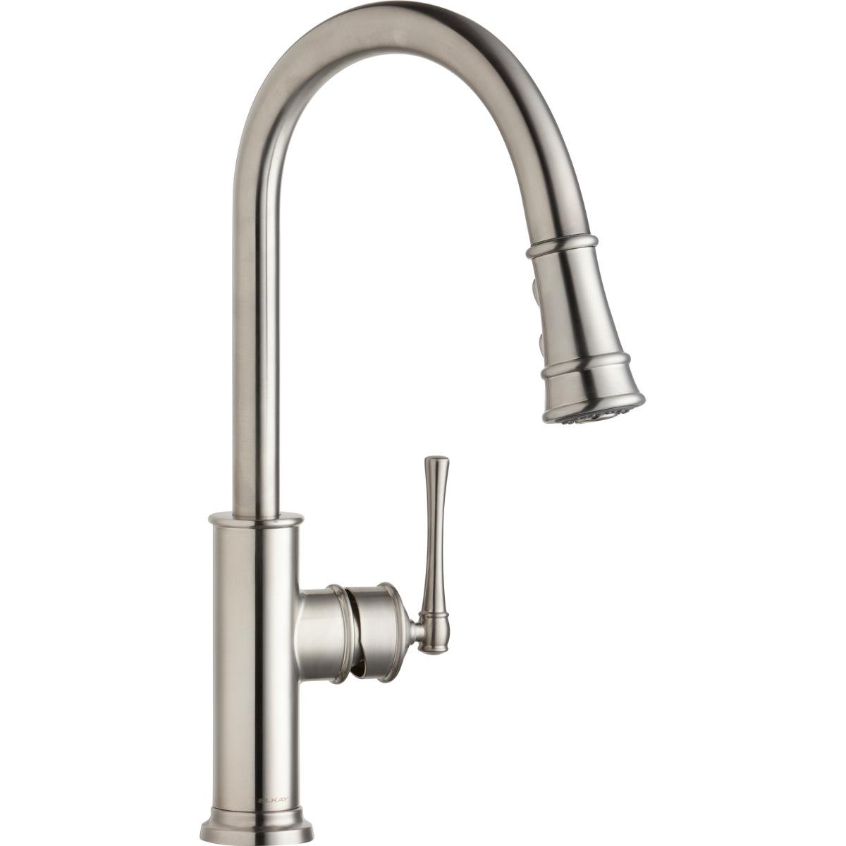 Elkay LKEC2031LS Single Hole Kitchen Faucet with Pull-down Spray and Forward Only Lever Handle, Lustrous Steel